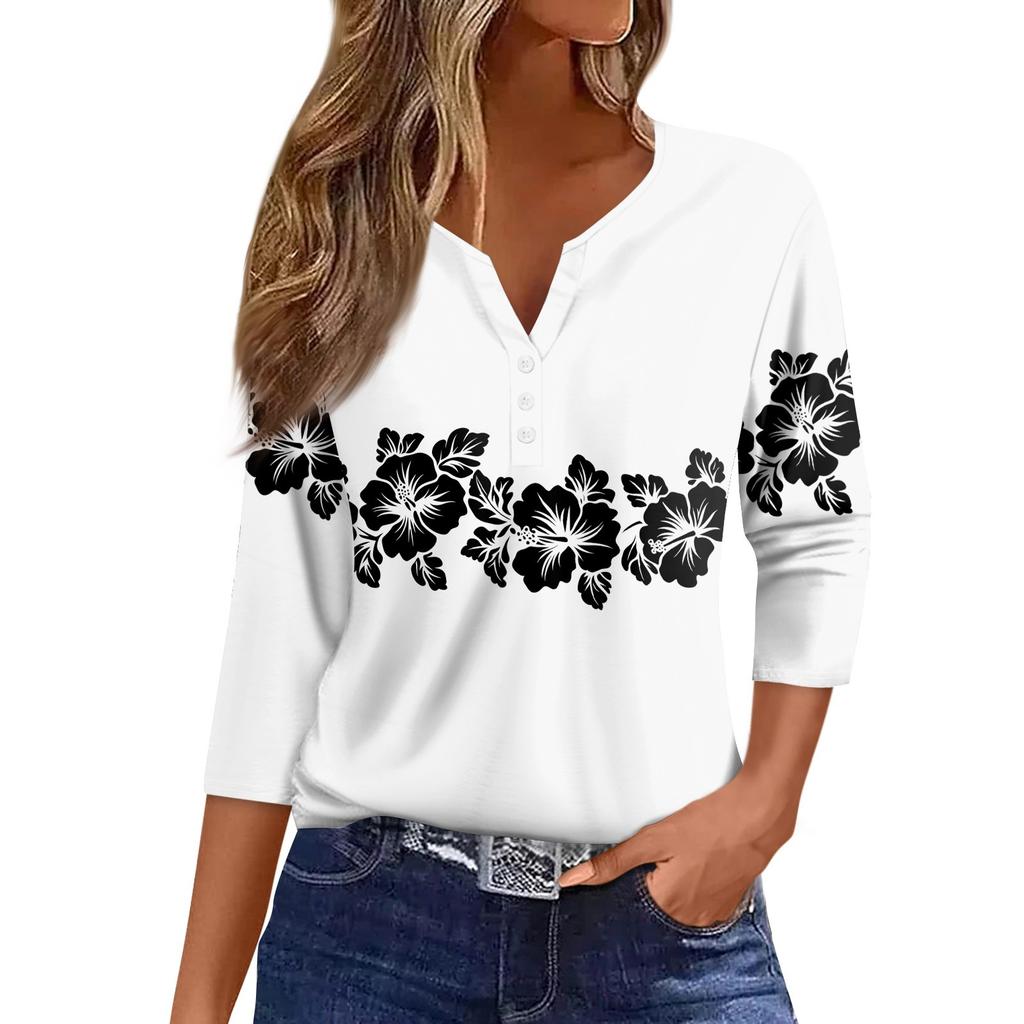 Women's T Shirt Tee Print Button 3/4 Sleeve Daily Weekend Fashion Basic V- Neck Regular Top