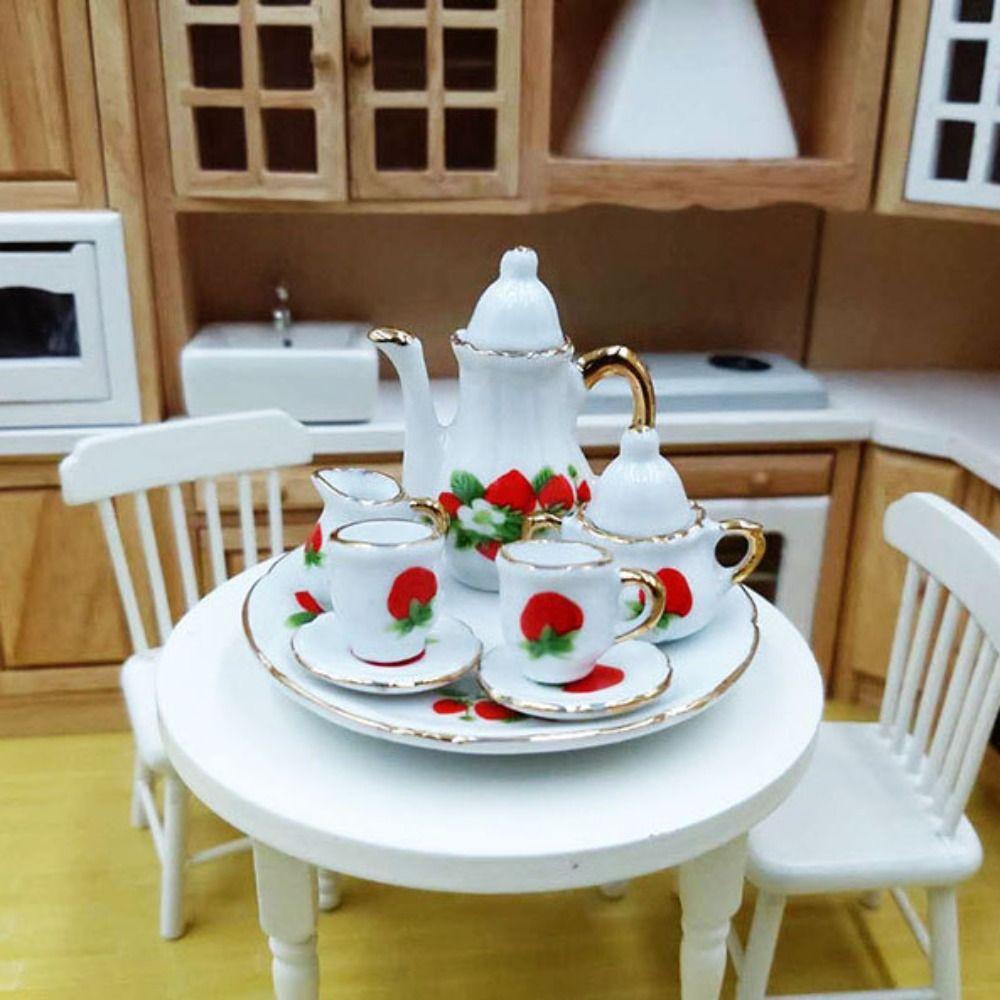 Floral Print Dollhouse Dinnerware Dish Plate Miniature Cups Pot Children's Toy