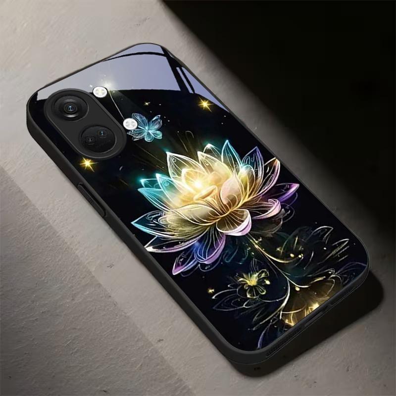 tellar Luminescence Lotus Black Glass Phone Case For OnePlus Ace 2 3 5 Pro Nord CE 2T 2 3 Lite 6 7T 8 9 10 Pro 11R 12R 13R Cover