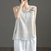 O-Neck Sleeveless Side Split Hem Loose Fit Retro Vest Women Summer Embroidery Pattern Top Streetwear