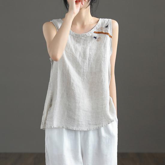 O-Neck Sleeveless Side Split Hem Loose Fit Retro Vest Women Summer Embroidery Pattern Top Streetwear