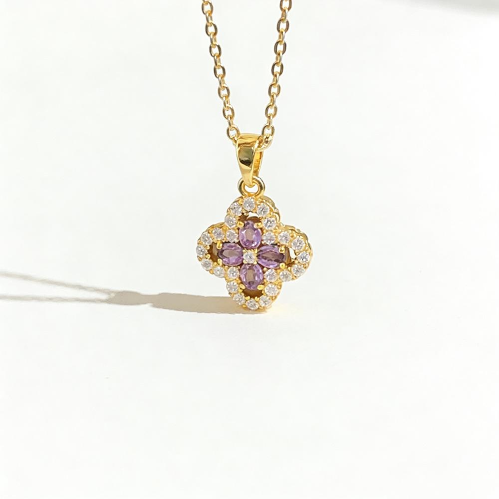 Purple Diamond Four-Leaf Clover Titanium Steel Necklace with Zirconia for Women