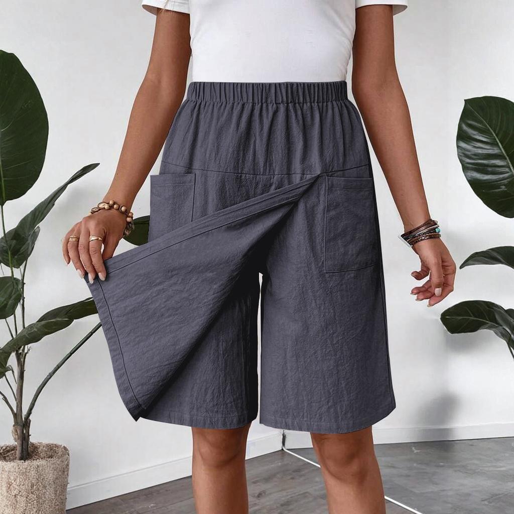 Women's Fashion Pants And Skirts Solid Color Elastic Waist Pocket Casual Shorts