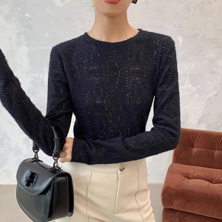 Apricot Long Sleeve Lace Knitwear Women's Autumn Winter Fashion Slim Fit Base Layer Top