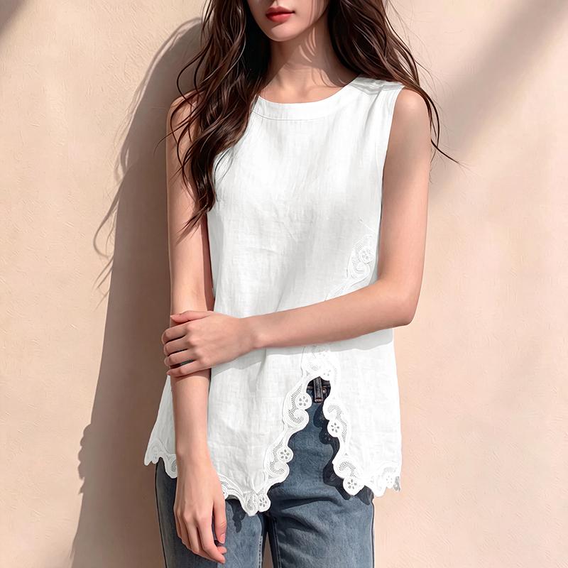 ZANZEA Women Casual Round Neck Lace Splice Sleeveless Tank Tops
