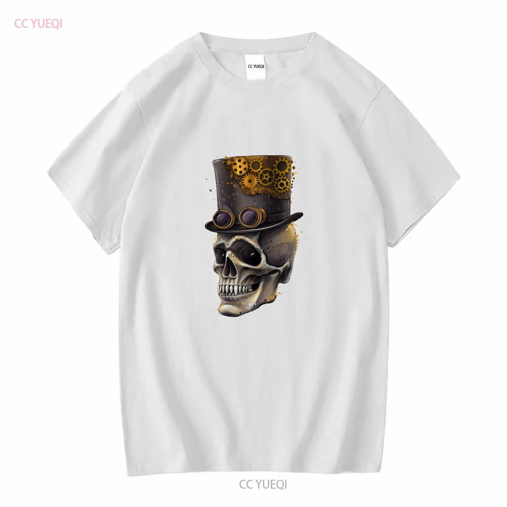 Steampunk Skull Unisexs Cotton T Shirt Top Long Or Short Sleeves Vintage Washed Versatile Top For Everyday Wear Stylish
