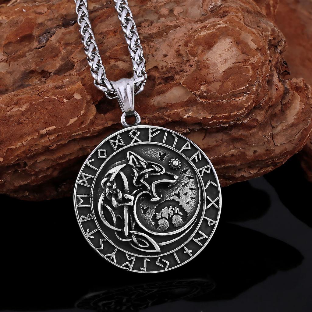 Stainless Steel Nordic Mythology Wolf Necklace Viking Vintage Rune Amulet for Men Women Pendant Jewelry Gift