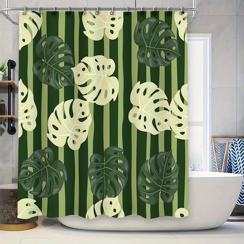 

Green Palm Leaf Shower Curtain With Stripe Design For Bathroom Decor Waterproof Fabric Material (180X180Cm) W60H190(CM)-1 Pcs