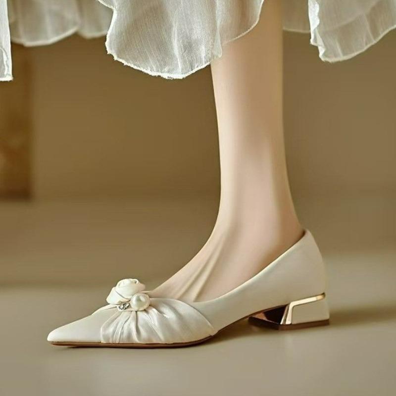 Flower Pearl Women Loafers Shoes Square Toe Heeled Sandals Summer 2025 Elegant Dress Wedding Shoes Chunky Shaloow Zapatos Mujer