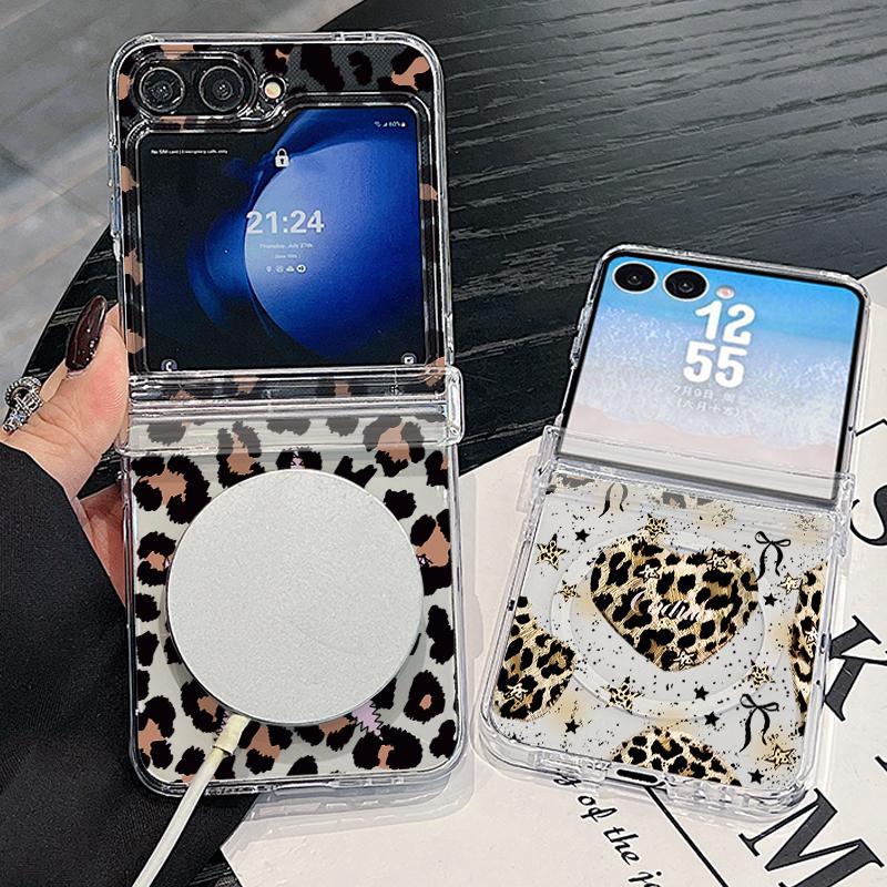 With Hinge Magnetic Phone Case For Samsung Z Flip 8 7 FE 6 5 4 Creative Leopard Print Hard Folding Phone Cover For Galaxy Z Flip8 Flip7 Flip6