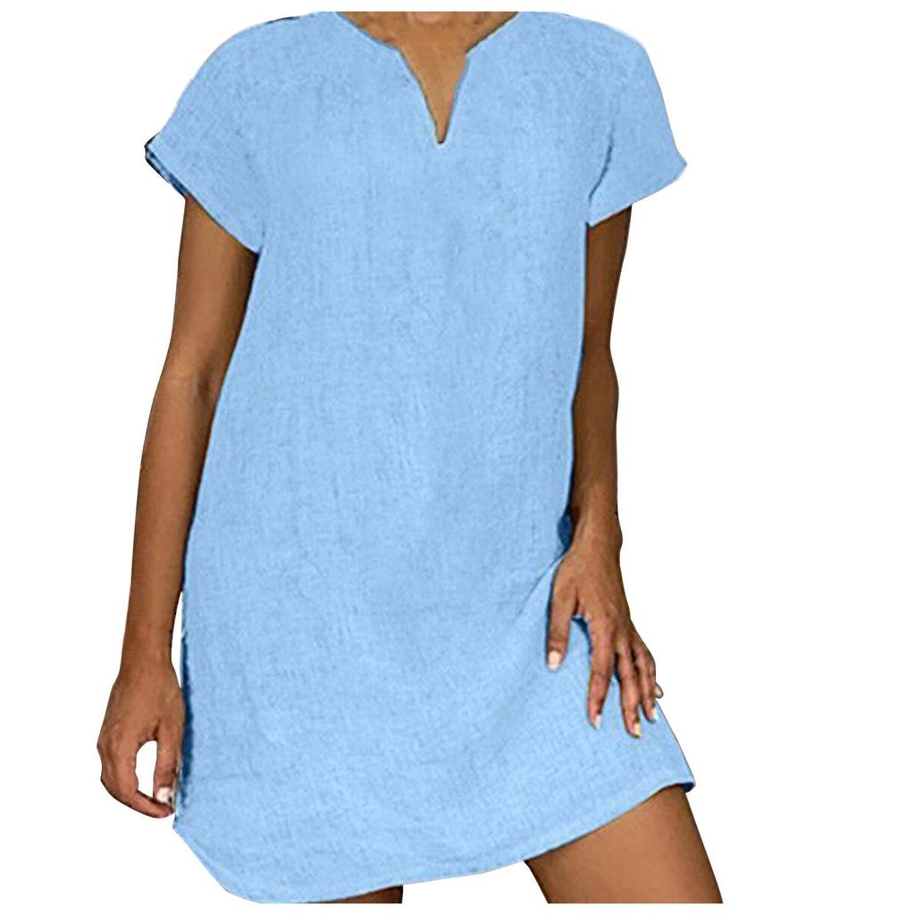 Moda damska Letnia luźna spódnica z krótkim rękawem, dekoltem w szpic, bawełniana sukienka lniana