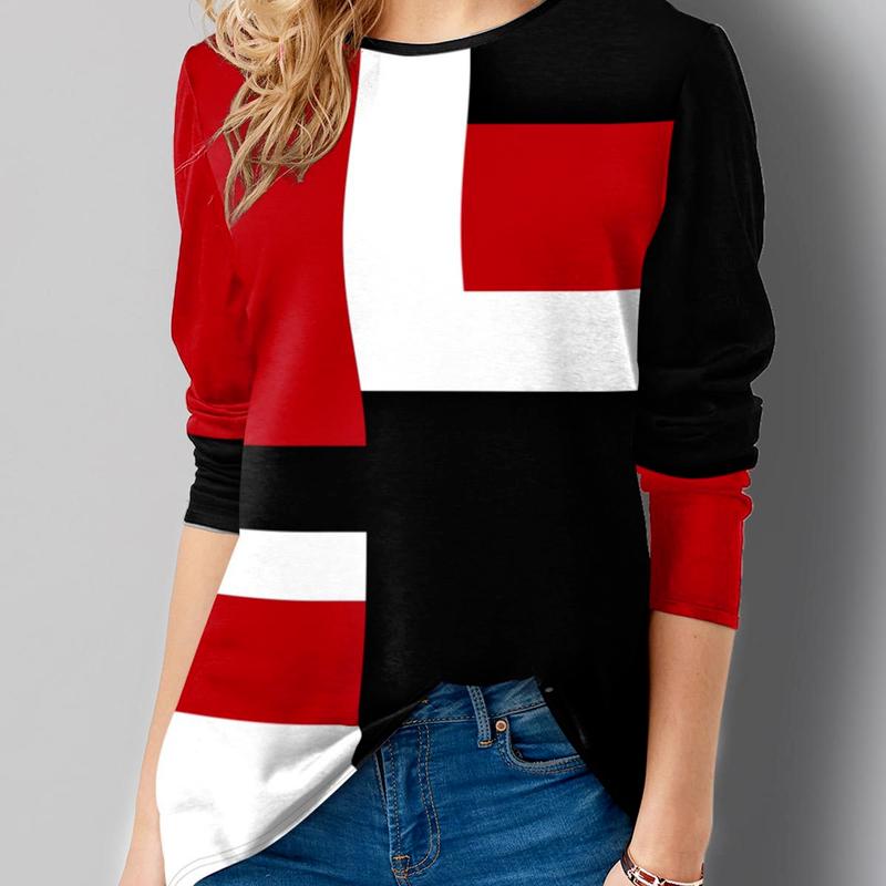 Women's Fashion Loose Casual Round Neck Floral Print Long Sleeve Geometric Print Tops Blouses Pullover Plus Size
