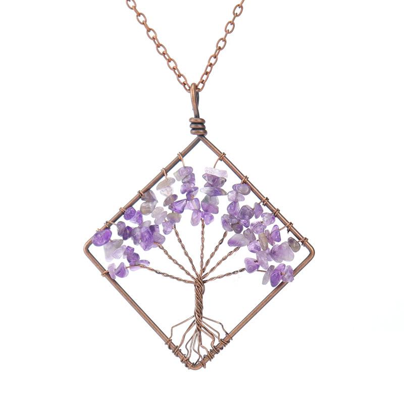 Ручная работа, Оплетенное проволокой Древо Жизни, Ожерелье с натуральным измельченным камнем и кристаллом - Квадратный дизайн, N09