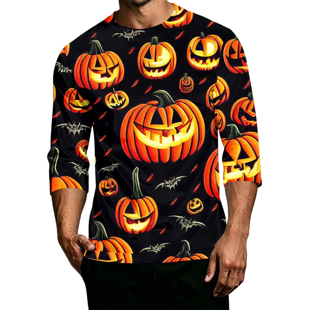 Men's Casual Halloween Print Crew Neck 3/4 Sleeve T-Shirt Lightweight Breathable Fabric Comfortable Fit