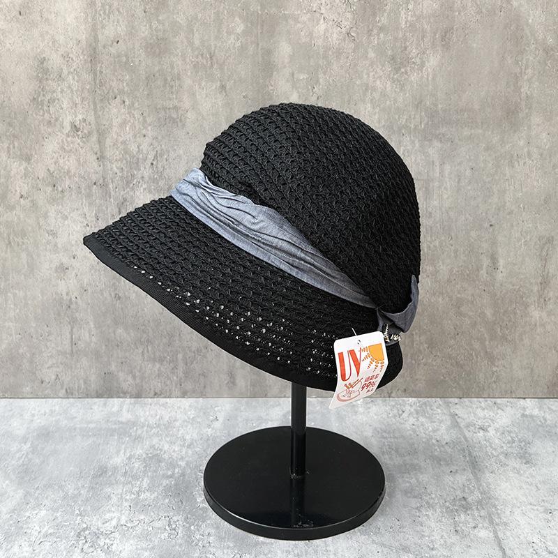 Wenyi Fan Small V Face French Elegant Big Brim Hollow Back Pleated Bucket Hat Women'S Summer Versatile Sun Hat