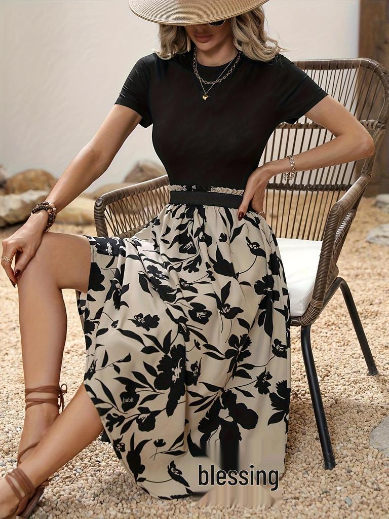 Women's Floral Print Round Neck Dress Set - Elegant Exotic Vacation Style for Spring/Summer 2025