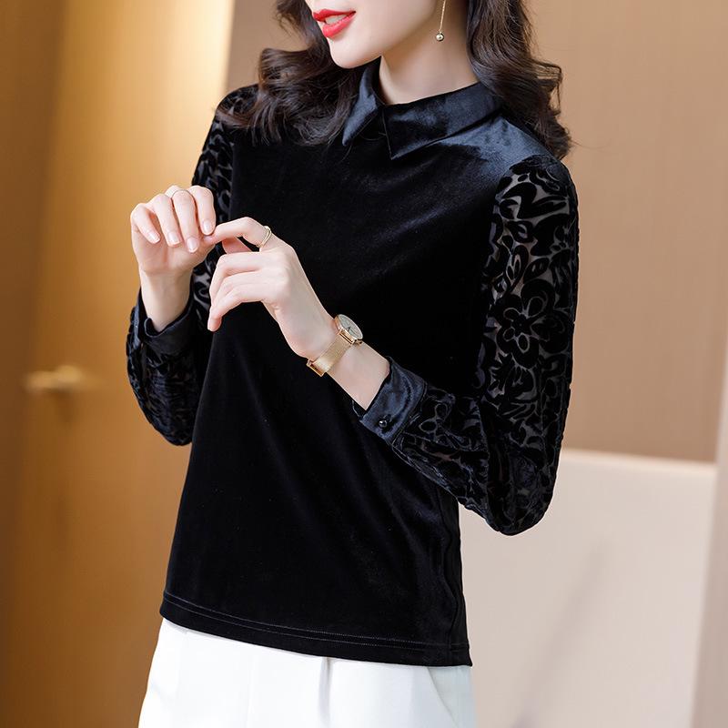 

Элегантные бархатные женские топы: Новые осенние модели, модные свободные рубашки с длинными рукавами и флокированной отделкой для идеальной посадки. XL чёрный