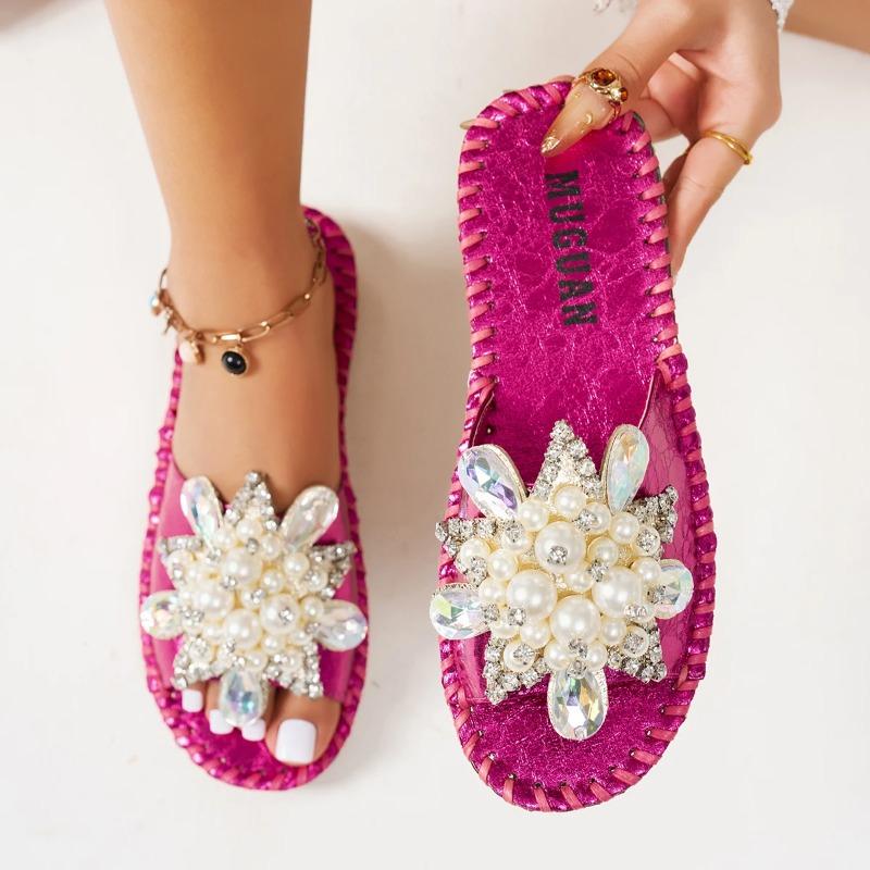 Gold Crystal Flower Slippers Women Summer Round Toe Shoes Women's Sandals Outdoor Flats Bling Slides Large Size Luxury Flip Flop