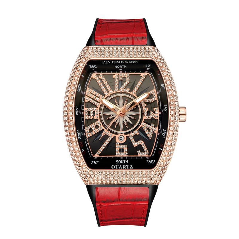 PINTIME Men's Watches Luxury Tonneau Type Metal Shinning CZ Case Rubber Strap Fashion Quartz Wristwatch Male Clock Relogio Gifts
