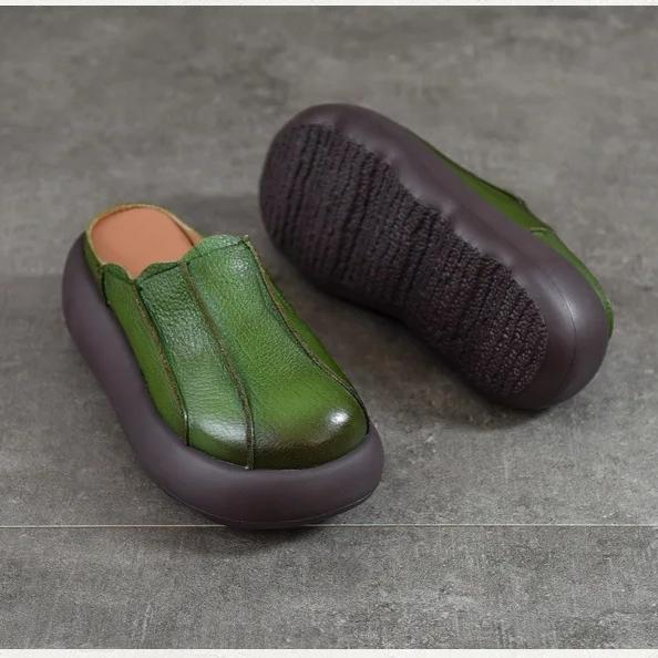 Johnature Vintage Genuine Leather Thick Soled Outdoor Slippers Round Toe Women's Slip-on Shoes