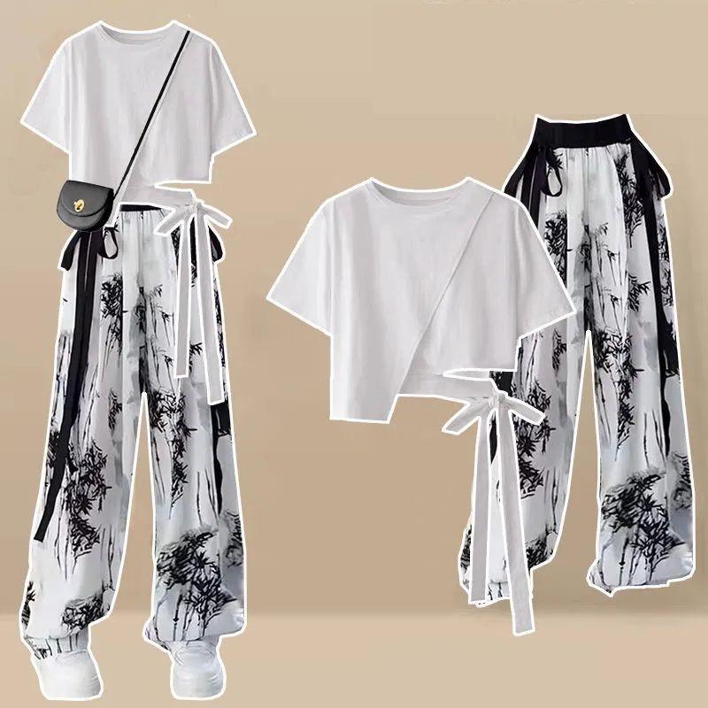 

Женский летний комплект с коротким рукавом, корейский свободный асимметричный топ из футболки и широкие брюки из ледяного шелка, костюм из двух частей L белый
