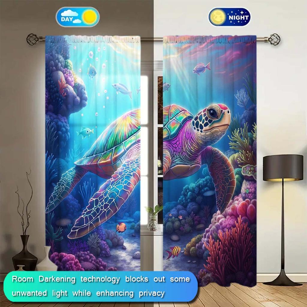 2 Panels Ocean World Turtle Pattern Window Curtains -  Heat-insulating   Suitable for Decorating Curtains in Various Rooms