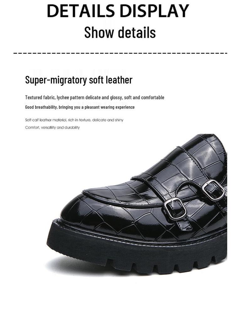 Men's Patent Leather Shiny Chunky Heel Loafers with Double Buckle - Plus Size Casual Hairstylist Shoes