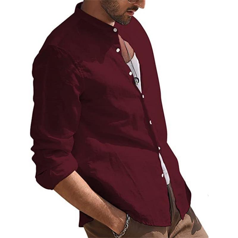 Mens Retro Casual Loose Long Sleeve Stand Collar Solid Shirt