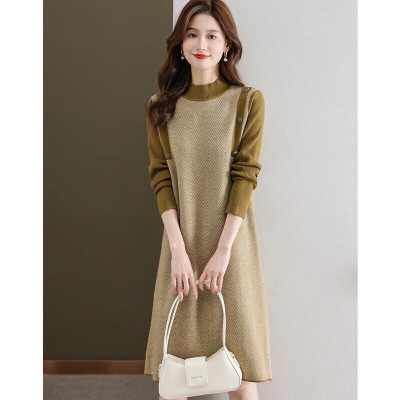SNOWFLYING Women s Color-block Half-High Collar Knit Midi Dress XL