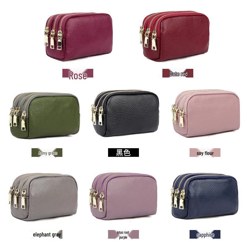 Women's Genuine Leather Three-Zipper Coin and Key Clutch