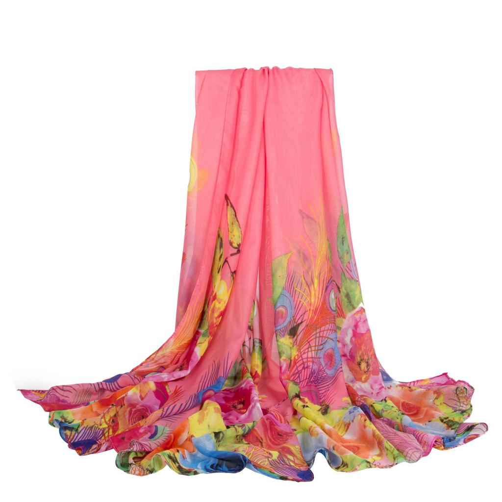 Women Floral Chiffon Shawl Light Thin Sheer Long Beach Wrap Multifunctional Neck Scarf Hair Band Bag Decor Fashion Holiday Sun Protection Accessory