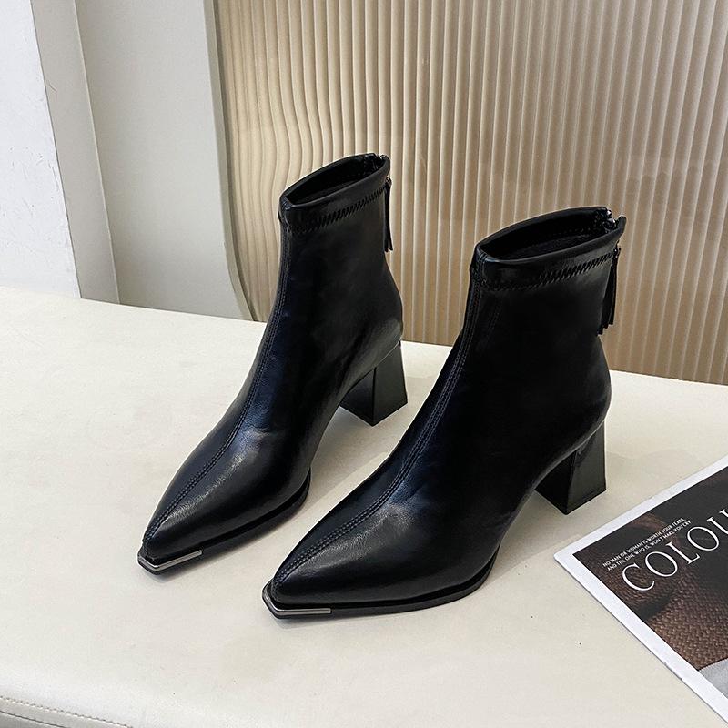 2025 autumn and winter new European and American style pointed head thick heel temperament short boots women's rear zipper high heel thin boots fashi