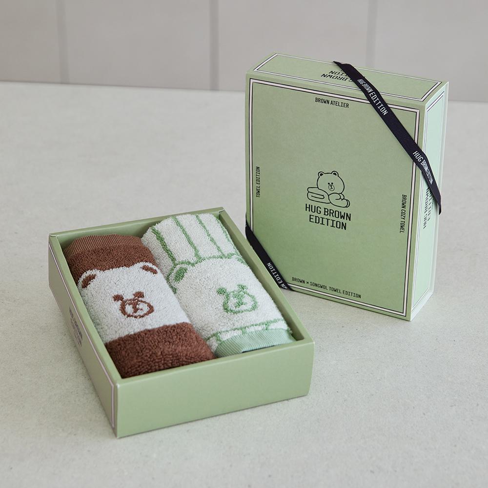 Line Friends Songwol Brown Basic Hand Towel 2P Set (Brown, Green)