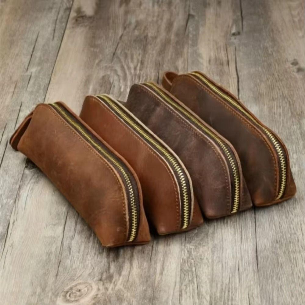 Multifunctional Leather Pencil Pouch Zipper Closure Pencil Case High Quality Stationery Bag  Gift