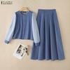 Women Stripe Splice Long Sleeve Blouse and Long Skirts Casual Two Piece Suit Sets