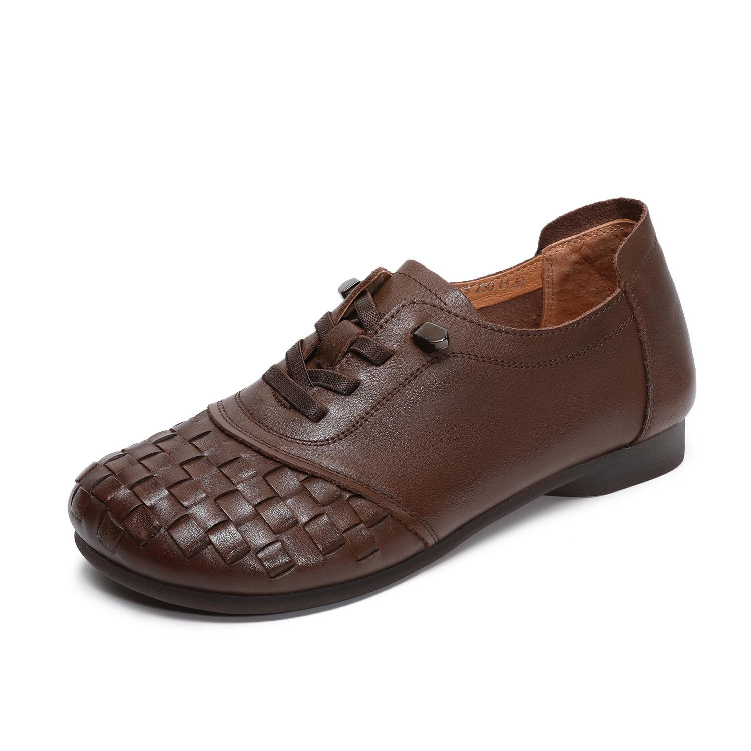 

Johnature Retro Genuine Leather Woven Women s Shoes Soft Cowhide Lace Up Soft Soled Slip-on Shoes 40 коричневый