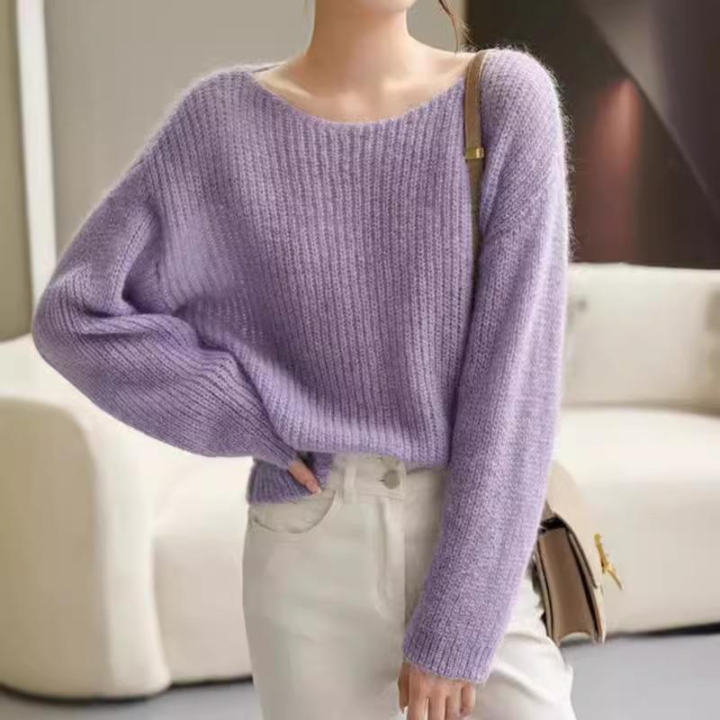 

Весна и осень Мягкий вязаный свитер Женские топы Модные свободные пуловеры с круглым вырезом Длинные рукава Женские свитера Элегантный офисный женский трикотаж 26407 One Size фиолетовый