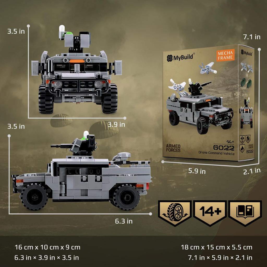 MyBuild Armed Forces Drone Command Vehicle 6022 - Military Building Blocks  Includes Scout Drone, Turret, and Missile Rack  Building Set  Ages 14+