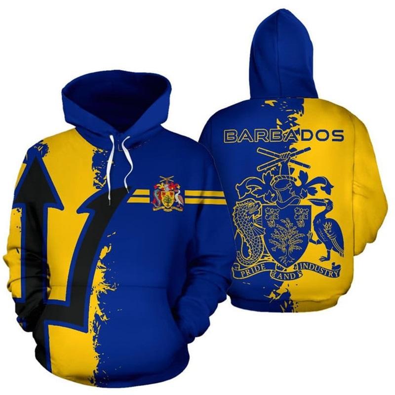Jesienne bluzy z kapturem 3D z nadrukowanym wzorem godła narodowego flagi Barbadosu, modne, casualowe, sportowe, z długim rękawem, męskie
