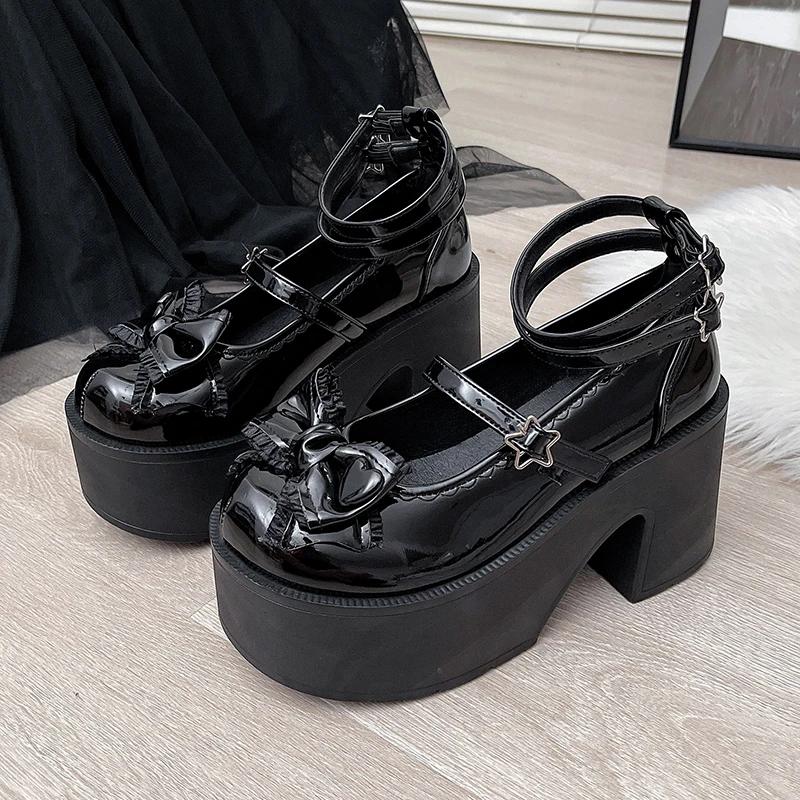 Butterfly-knot Platform Pumps Shoes Women Punk Thick Bottom Chunky Heel Mary Janes British Style Uniform School Shoes Girls