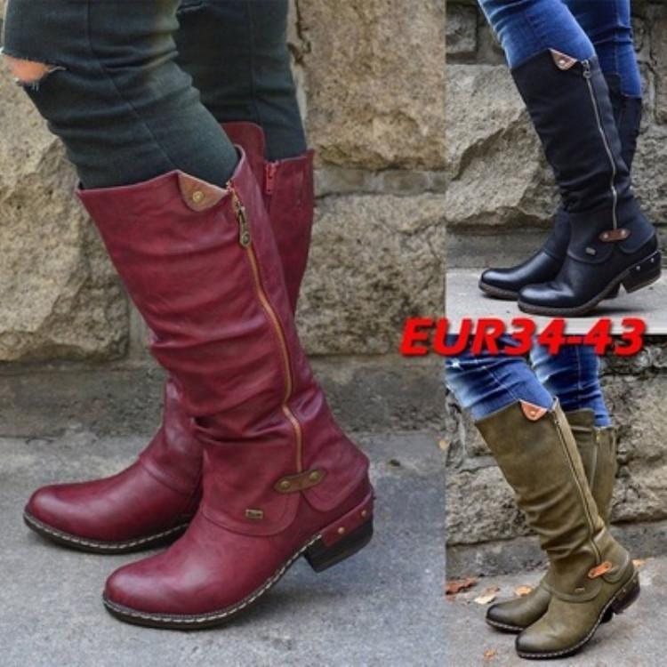 Damas de invierno Moda Cremallera de cuero Tacón bajo Casual Puntera  redonda Botas de caballero largo Talla grande 35-43 comprar a buen precio —  entrega gratuita, reseñas reales con fotos — Joom