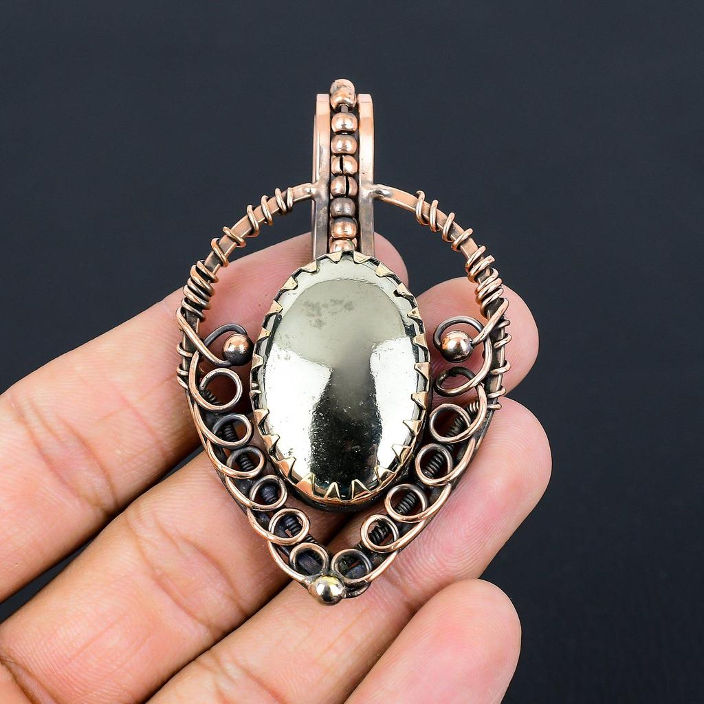 Golden Apache Pyrite Gemstone Handmade Pure Copper Wire Wrapped Pendant Jewelry