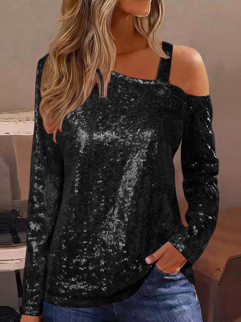Polyester Long Sleeve T Shirt With Sequin Round Neck For Casual Women