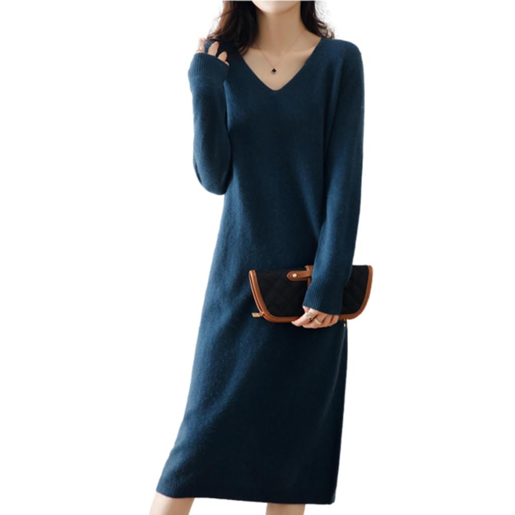 Elegant Knit Long Sweater Elegant Ribbed Loose Solid Perfect for Everyday [MlleeSSeeldyTRC] Dress, Sleeve, V-Neck, Dress, Knit, Fit, Slimming, Color,