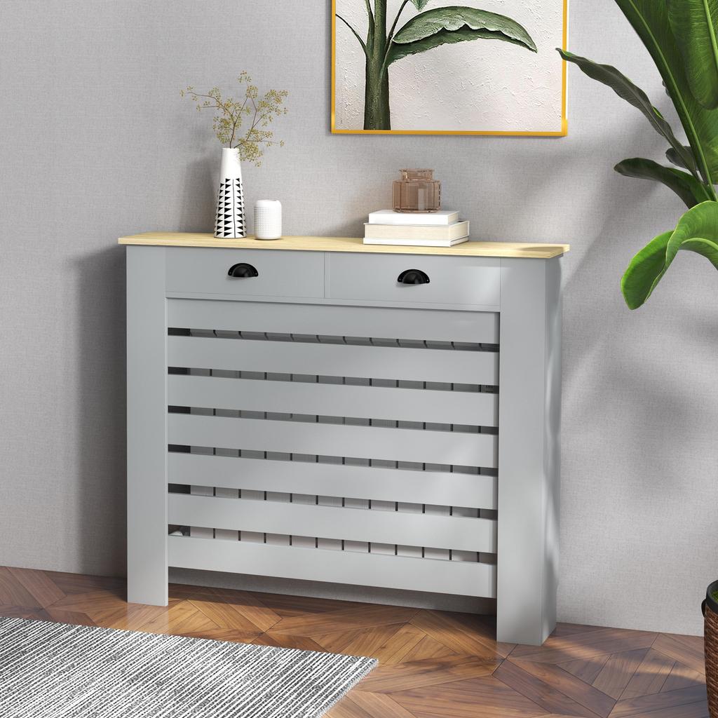 Slatted MDF Radiator Cover, Grille Radiator Cover with 2 Drawers, 111x19x95.5 cm, Grey
