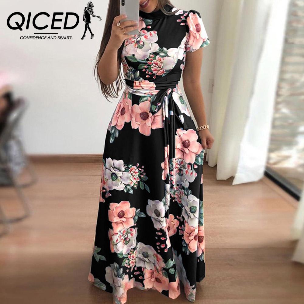 

QICED Женское летнее платье в пол, с цветочным принтом, с коротким рукавом, с круглым вырезом, повседневные платья XXL чёрный