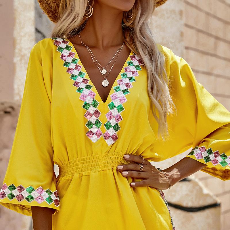 Boho Yaz Plaj Yarasa Kollu Gömlek Güneş Korumalı Kadın Elbisesi