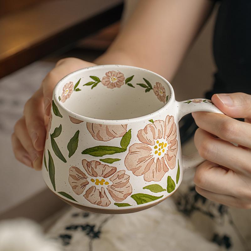 Super Beautiful, Vintage Floral Mug Ceramic Coffee Cups Office Water Bottle for Women,Capacity 380ml,Thickened Cup Wall, Pink