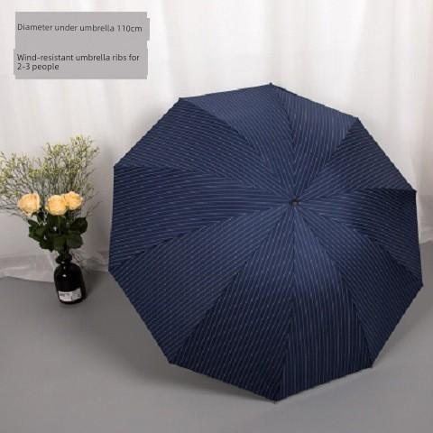 Ten-Rib Folding Umbrella for Two, Large Vintage Striped Umbrella, Dual-Use for Sun and Rain, Black Coating for Sun Protection