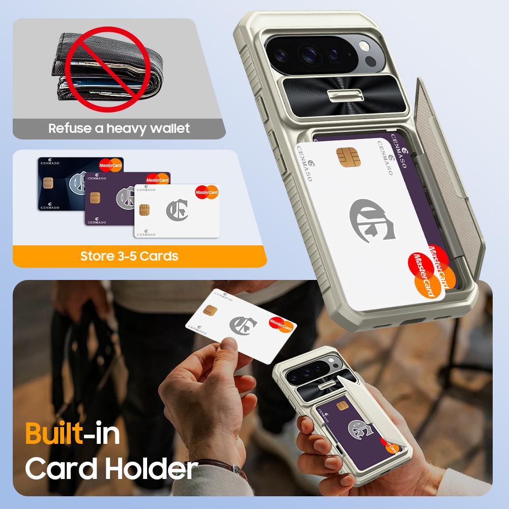 With Card Holder Sliding Camera Cover And Stand For Google Pixel 10 Pro XL Phone Case, Anti-Fall PC+TPU Wallet Case-Champagne